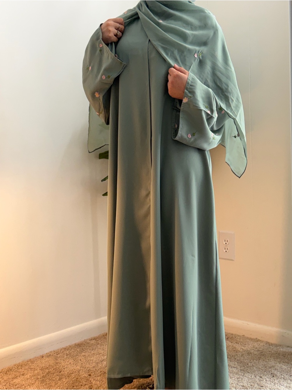 Modest Sage Green Maxi Dress with Embroidered Sleeves Abaya